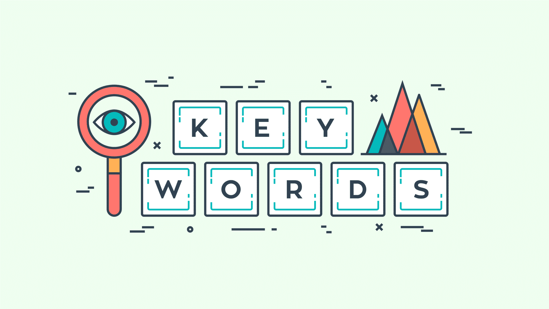 "keywords" written out with magnifying glass graphic and a mountain graphic