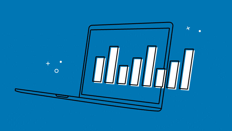 Graphic of a computer with a bar graph that extends beyond the width of the computer screen on the right, blue background